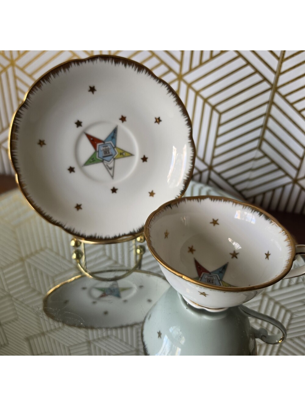 Vintage Lefton Order of the Eastern Star OES Masonic Bone China Tea Cup & Saucer